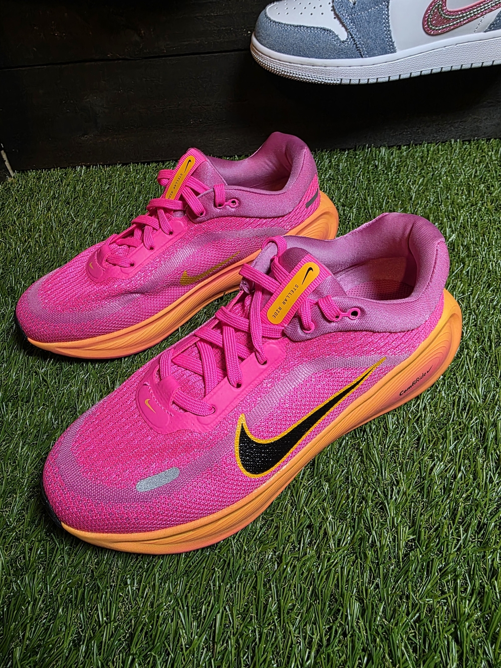 Nike Kids Pink and Orange Running Sneakers with Black Swoosh